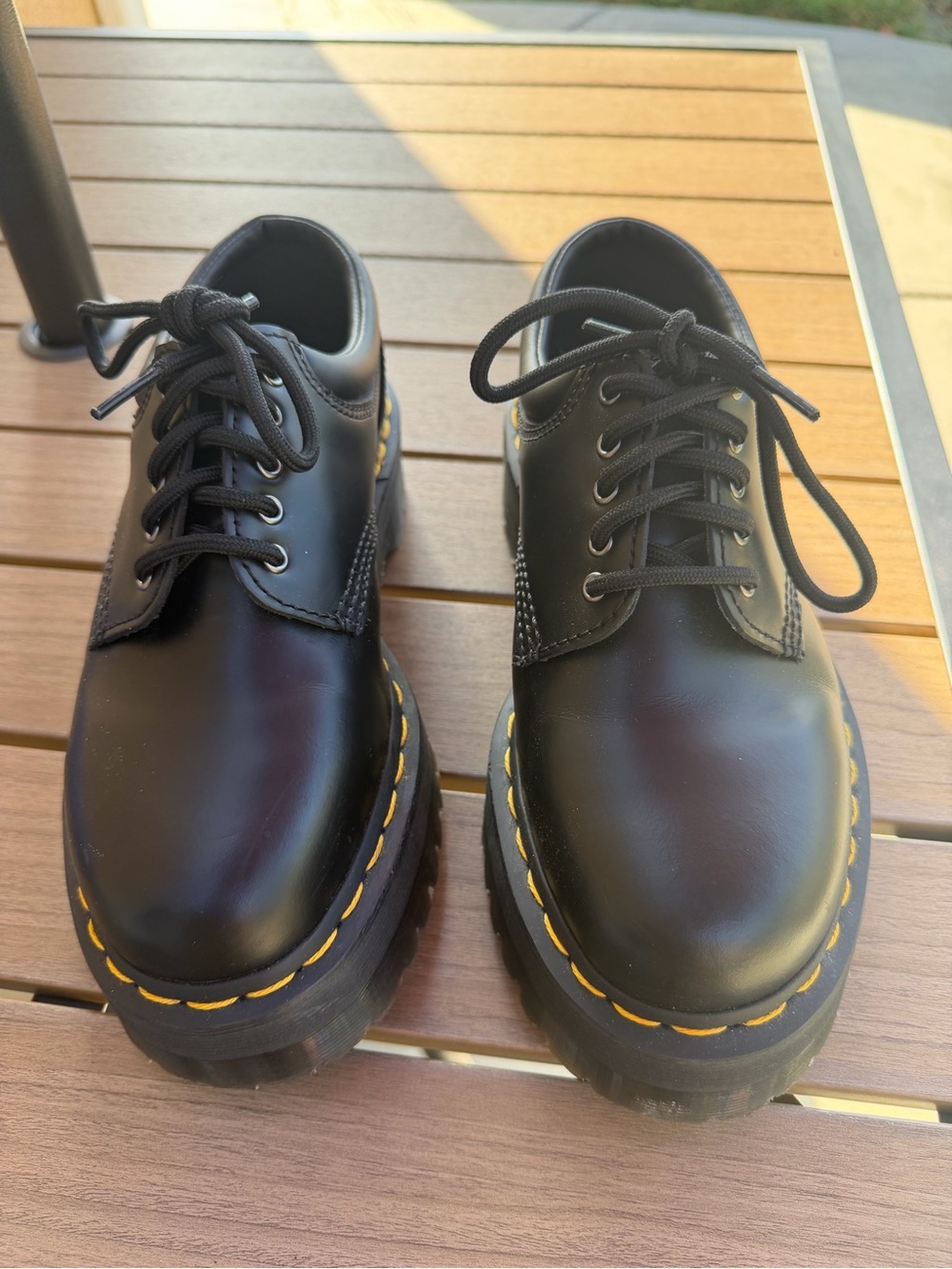 Dr. Martens Black Leather Lace-Up Oxfords with Yellow Stitching